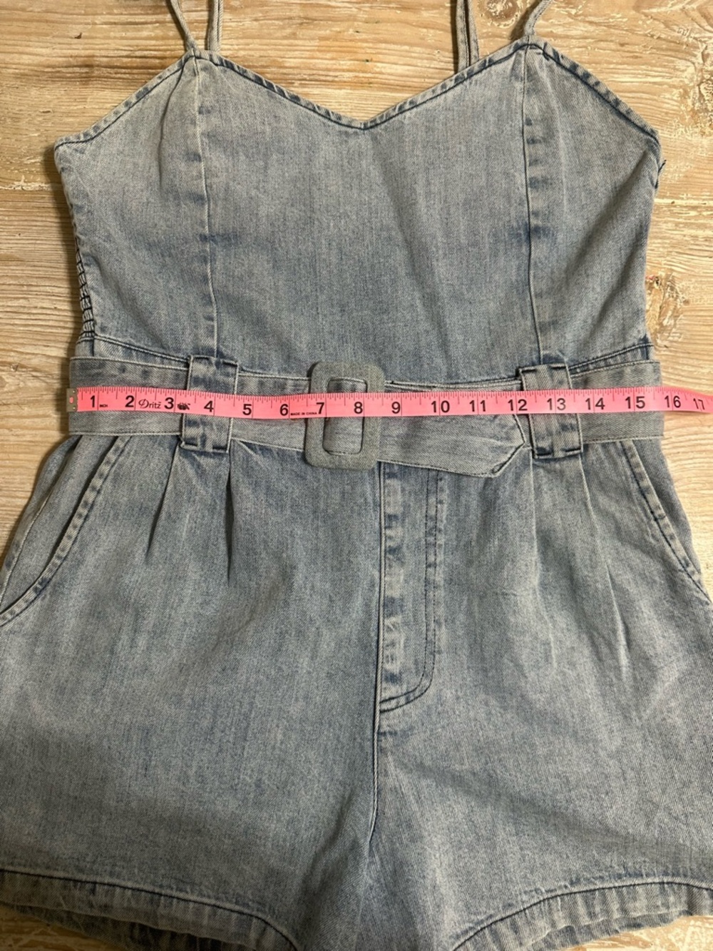 Show me Your MuMu Revolve Sloane Denim Belted Romper Spaghetti Strap Sz L - Picture 5 of 13